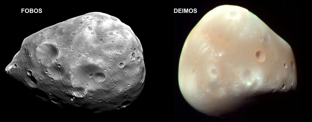 Figura 2: Fobos y Deimos (junto con la Luna son los únicos satélites de los planetas interiores: Mercurio, Venus, Tierra, Marte)
