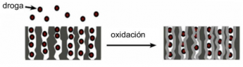 Figura 3: Una partícula de droga puede quedar atrapada al oxidar el silicio poroso. La oxidación produce una expansión que reduce los poros encerrando a la partícula.