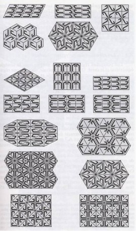 Figura 2. Simetrías posibles de un mosaico. En términos matemáticos, aquí se muestran los 17 grupos espaciales en dos dimensiones.