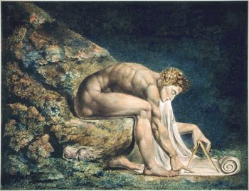 Figura 5. Isaac Newton (1643-1727) por William Blake (1795) se muestra desnudo, al estilo griego, ensimismado. Con un compás, quizá intentando describir la naturaleza a través de leyes matemáticas y las leyes de la física. Éste sería su mayor legado.