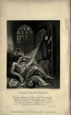 Fotografía 6.- Ilustración de la edición de 1831 de Frankenstein. Fuente: Wikimedia Commons (https://commons.wikimedia.org/wiki/File:Frankenstein.1831.inside-cover.jpg).