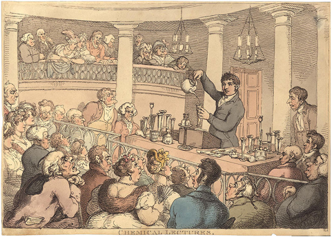 Figura 1. Thomas Rowlandson, conferencias química, siglo 19 [después de 1809] [3]