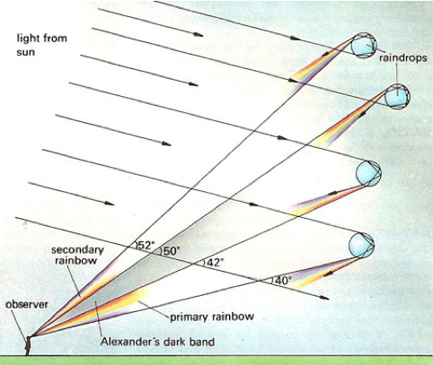 Figura 2. Origen de los dobles arcos irises y de la banda de Alexander [2].